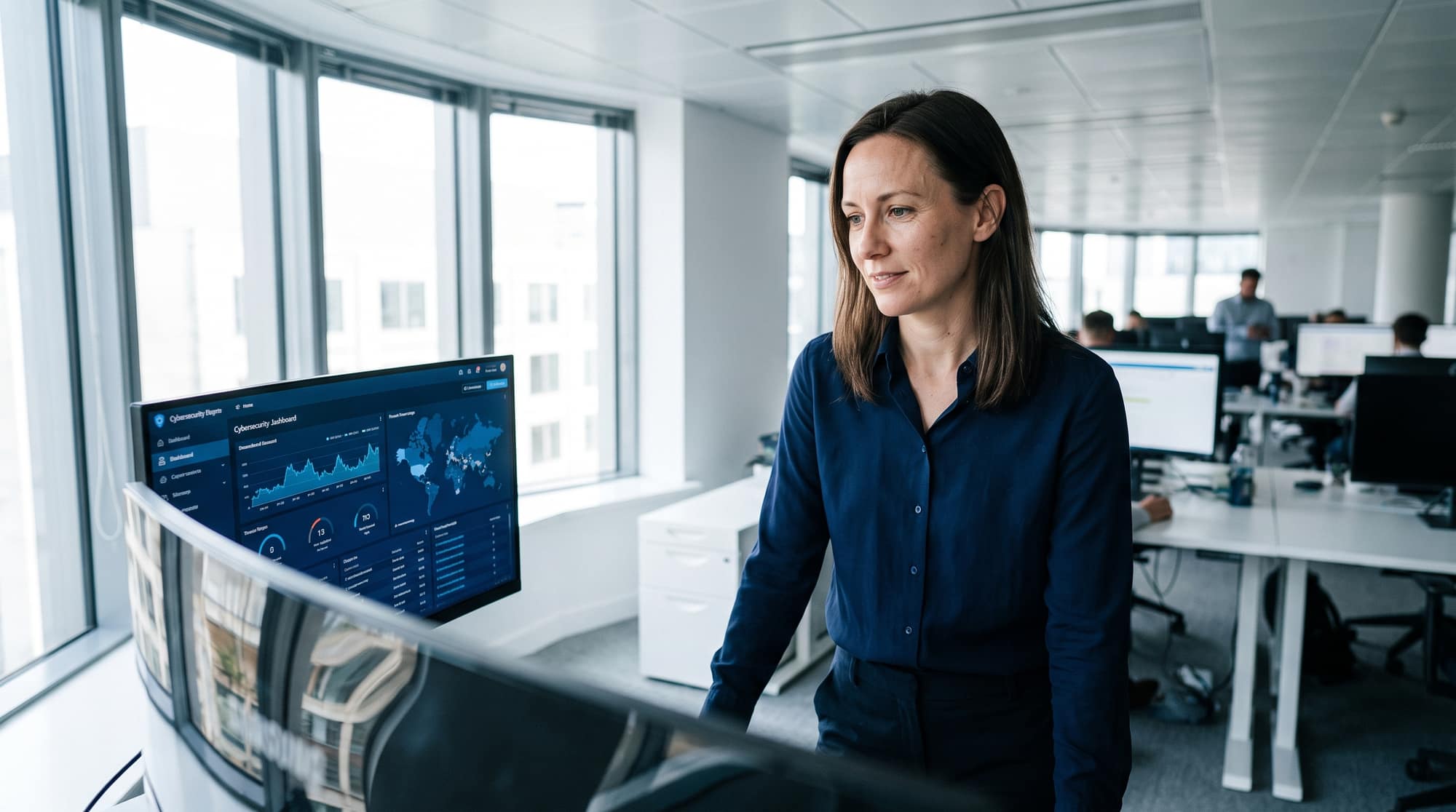 Ingénieure Aerolis analysant un tableau de bord de cybersécurité